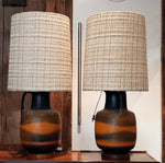 Set of 2 Large Mid Century Modern Orange Pottery Lamps, H 34