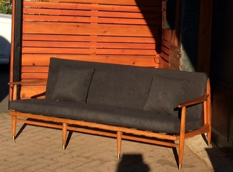 Mid Century Modern 3-Seater Sofa REFINISHED REUPHOLSTERED Charcoal Grey fabric - Mid Century Modern Toronto