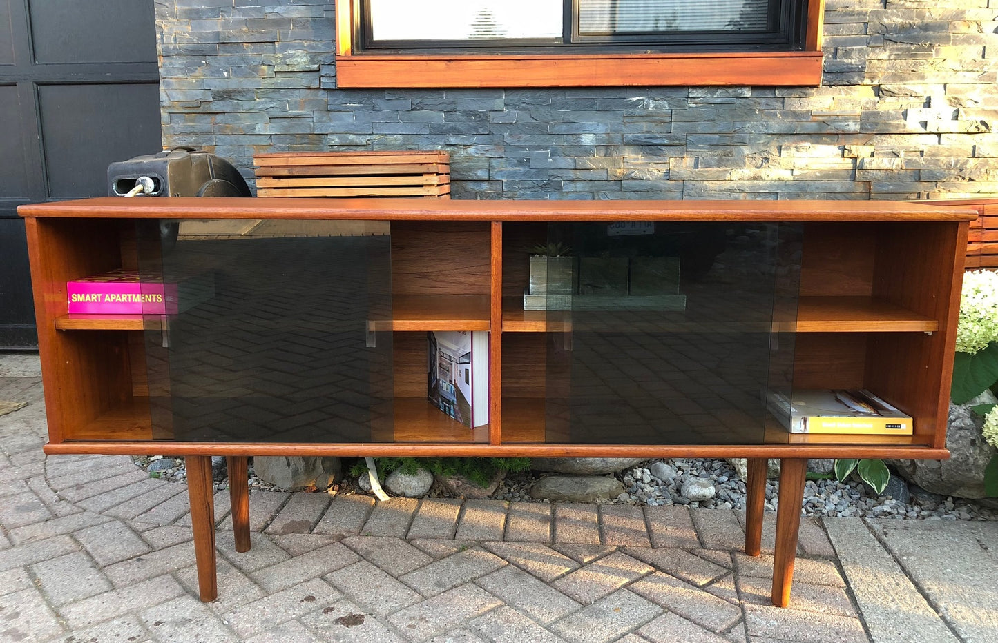 REFINISHED Danish MCM  Teak Display China Console 62.5"w tinted glass doors - Mid Century Modern Toronto