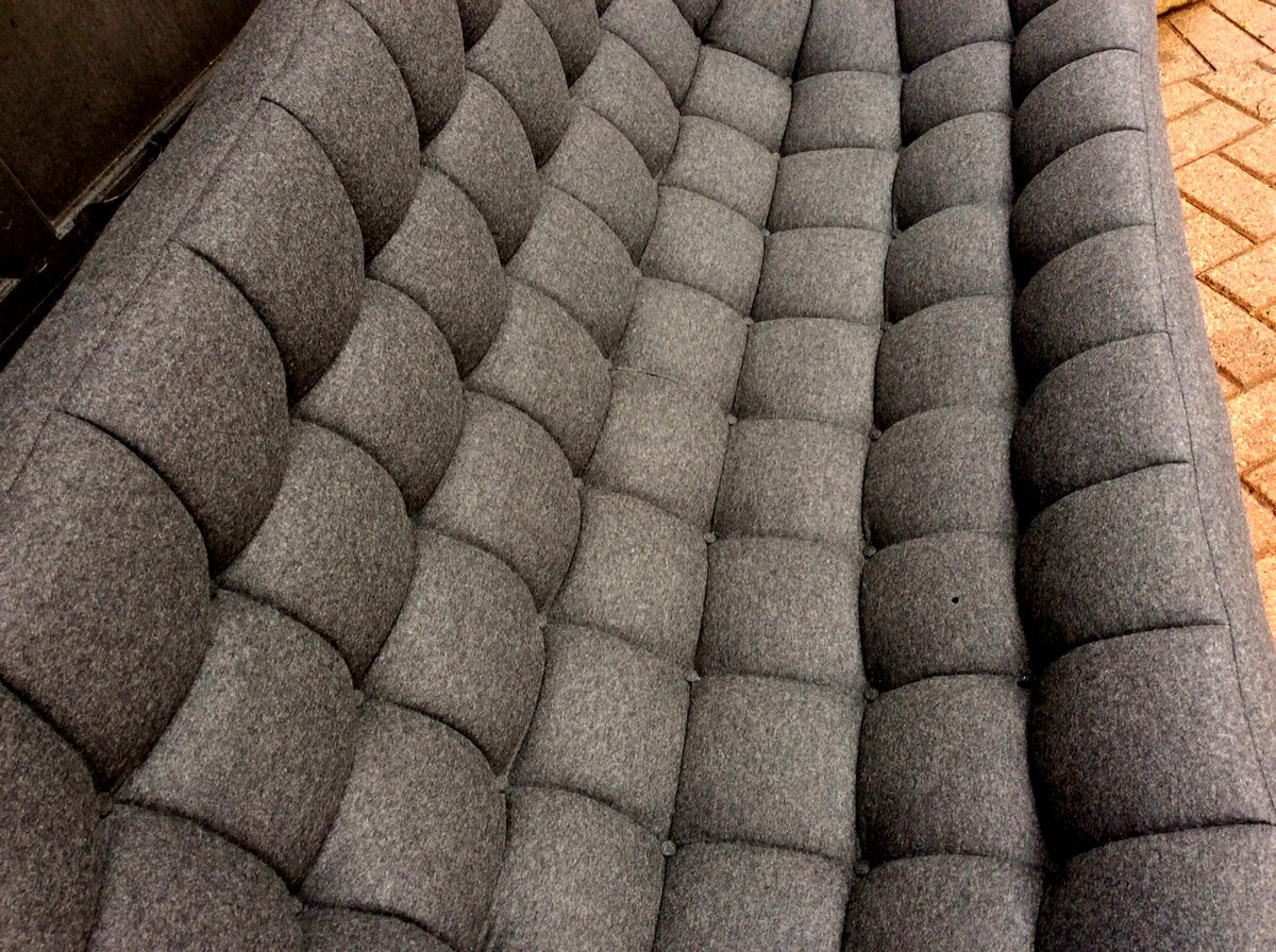 RESTORED Iconic Mid Century Modern Teak Sofa with arms - Scoop by Huber. Like New, Charcoal Wool Fabric - Mid Century Modern Toronto