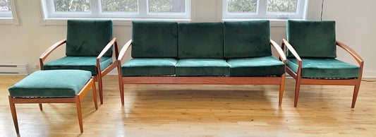 REFINISHED "Paper Knife" Danish MCM Teak Sofa, 2 Lounge Chairs & Ottoman by Kai Kristiansen