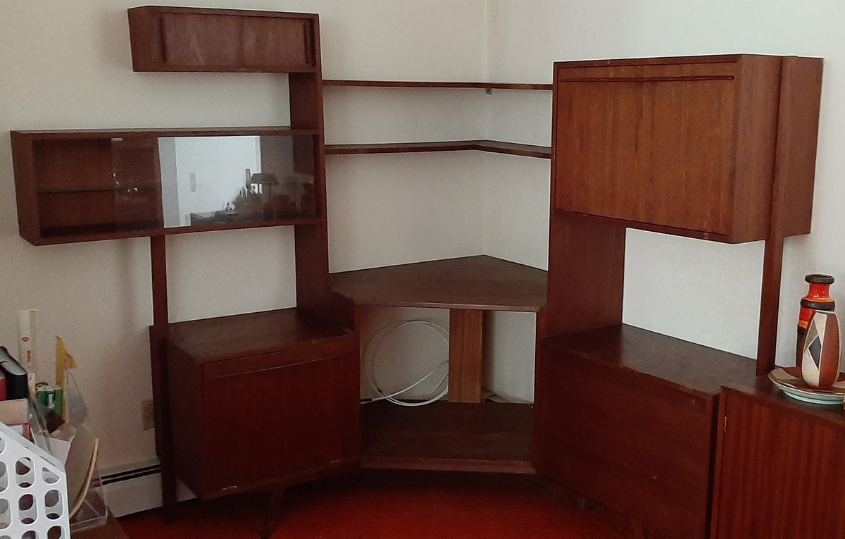 REFINISHED Mid Century Modern Teak Corner Multi-Cabinet Storage & Display System