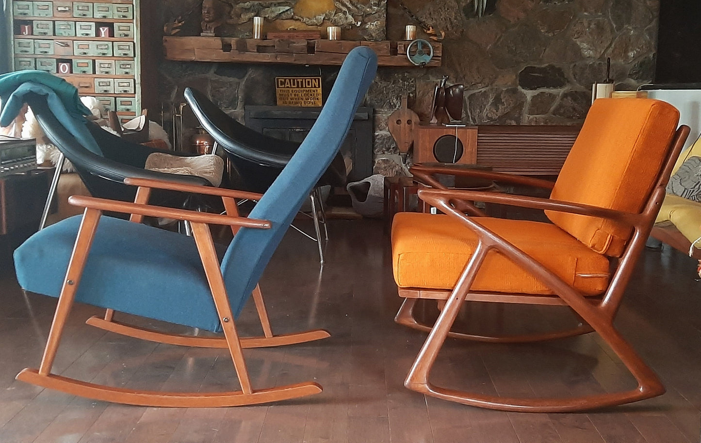 REFINISHED Danish Mid Century Modern Teak Rocking Chair NEW Wool Upholstery, Perfect
