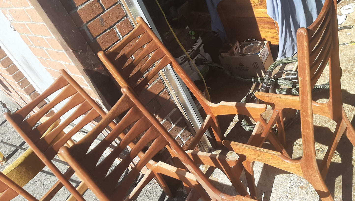 6 REFINISHED Danish MCM Teak Chairs by Niels Moller REUPHOLSTERED in green wool mohair