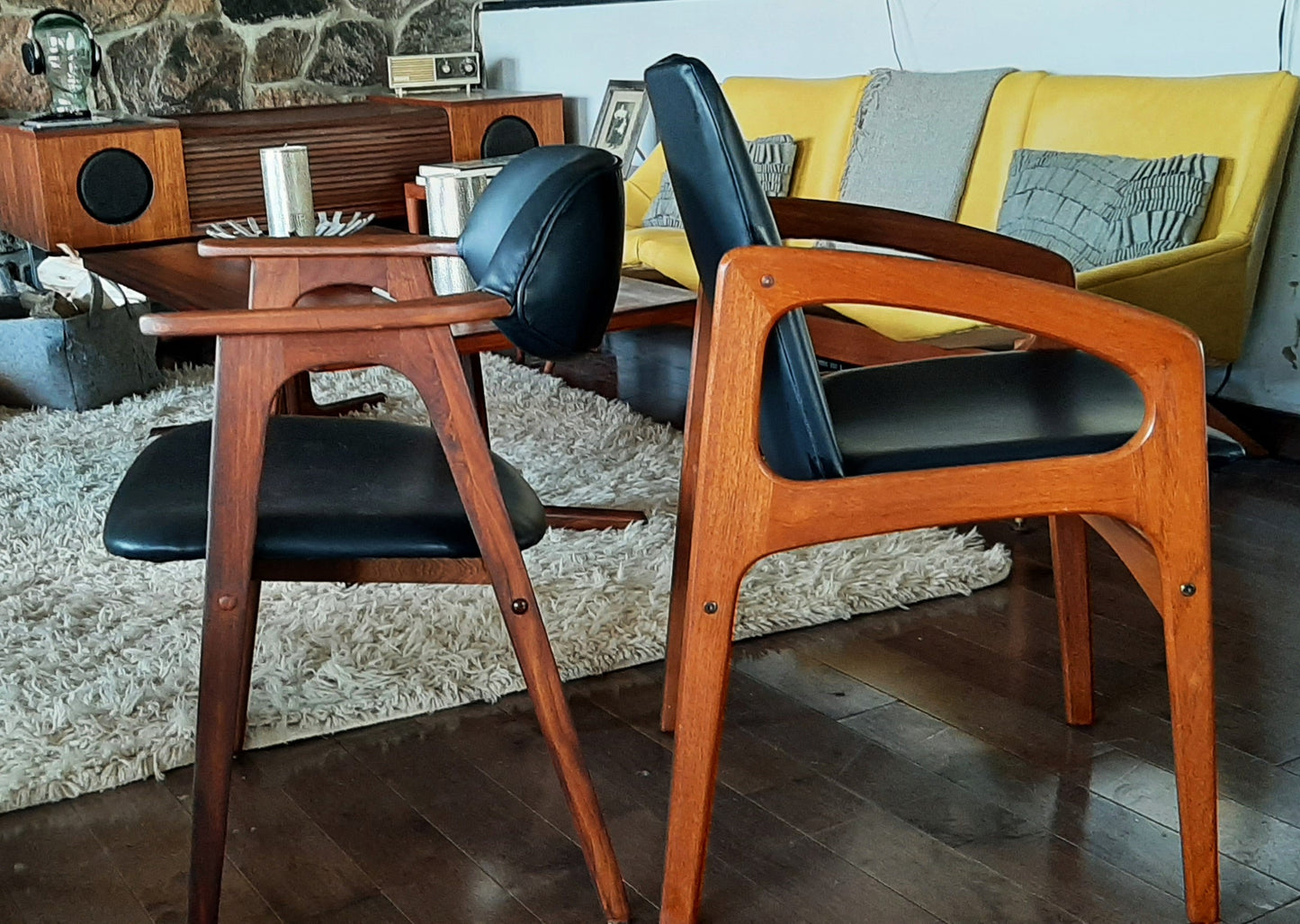 2 REFINISHED REUPHOLSTERED Danish MCM Angled Arm Chairs