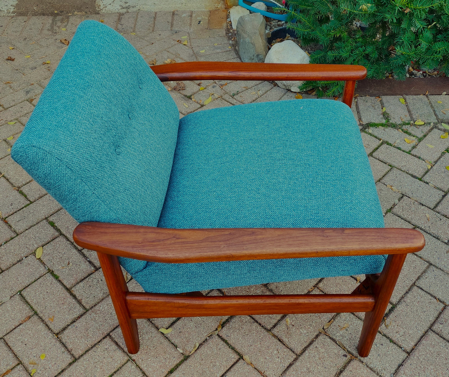 REFINISHED REUPHOLSTERED in Green Teal Mid Century Modern Teak Sofa 78" & Lounge Chair