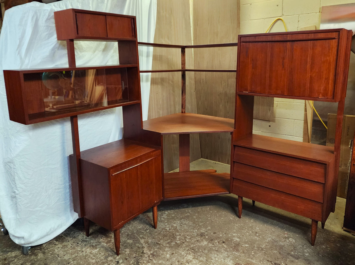 REFINISHED Mid Century Modern Teak Corner Multi-Cabinet Storage & Display System