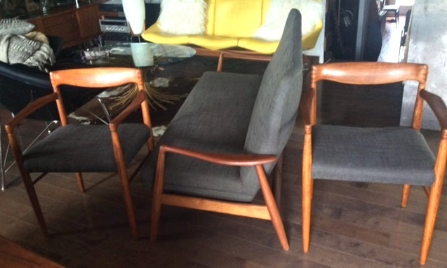 A Pair of REFINISHED REUPHOLSTERED Danish MCM  Teak Carver Armchairs by H.W. Klein for Bramin Møbler, each $349 - Mid Century Modern Toronto