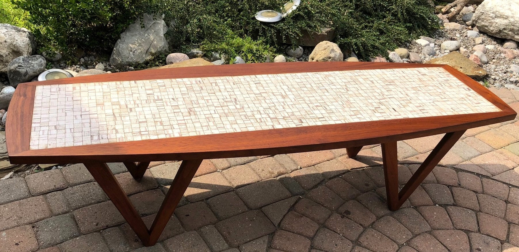 REFINISHED Danish MCM walnut coffee table with tile inlay 60" - Mid Century Modern Toronto