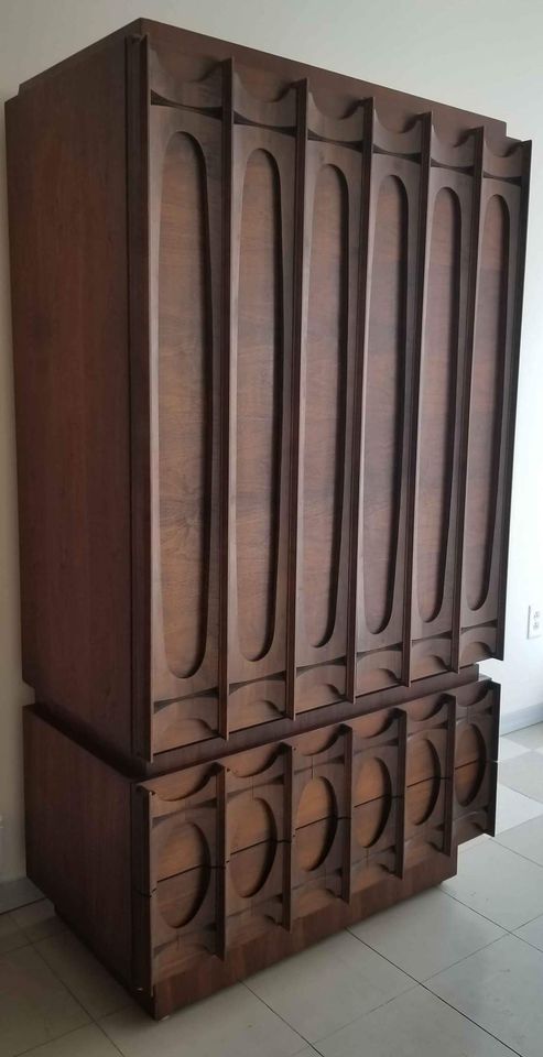RESTORED Rare MCM Walnut Mirrored Brutalist Armoire High Credenza