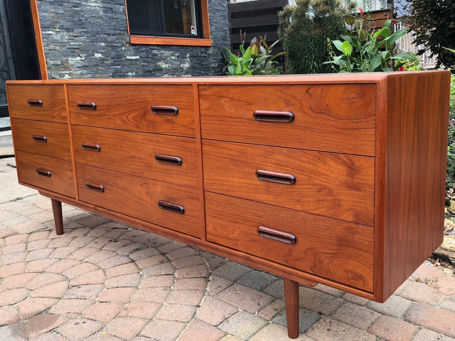 REFINISHED MCM Teak Dresser 9 Drawers & Queen Platform Bed with attached nightstands - Mid Century Modern Toronto