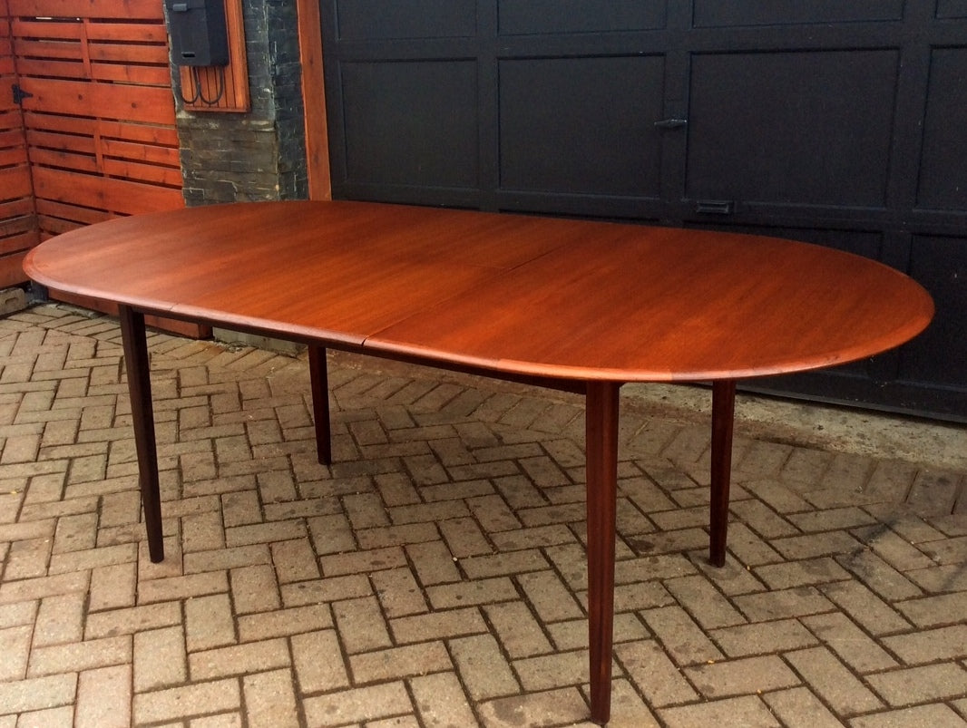 REFINISHED MCM Teak Dining Table Oval Self Storing with butterfly/ jackknife/ pop up leaf extension - Mid Century Modern Toronto