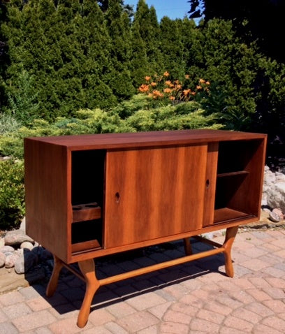 REFINISHED MCM  Teak Bar Buffet TV Console w Light- Compact 46" - Mid Century Modern Toronto