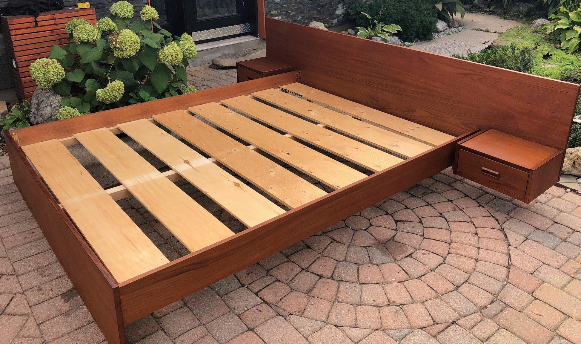 REFINISHED MCM Teak Platform Bed w floating nightstands Queen Low profile - Mid Century Modern Toronto