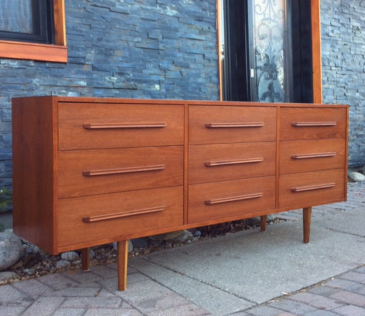 REFINISHED Mid Century Modern Teak Dresser 9 Drawers - Mid Century Modern Toronto