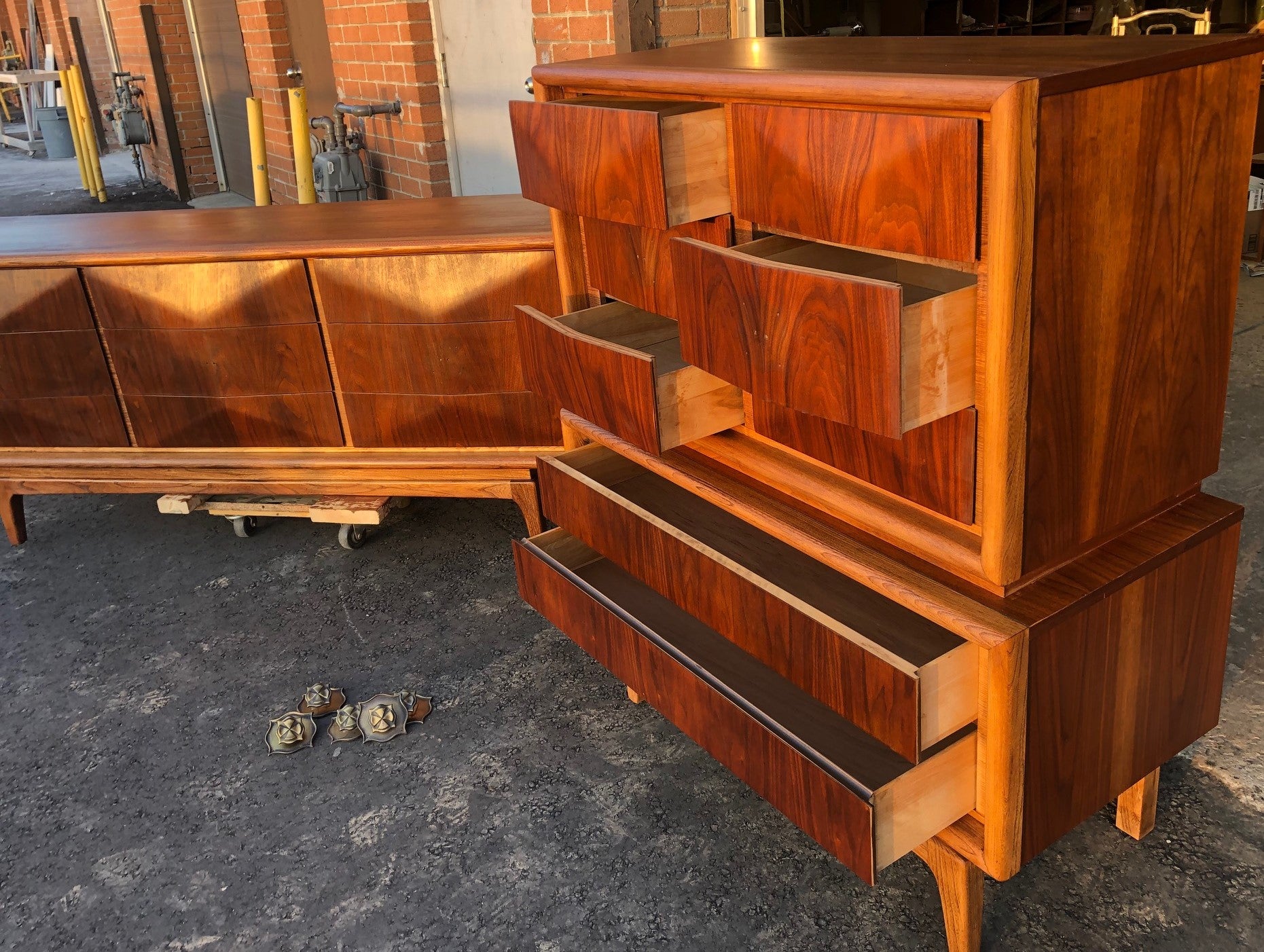 REFINISHED MCM Walnut Bedroom Set Vladimir Kagan style: 9 Drawer Dresser, Tallboy, 2 Nightstands & Headboard - Mid Century Modern Toronto