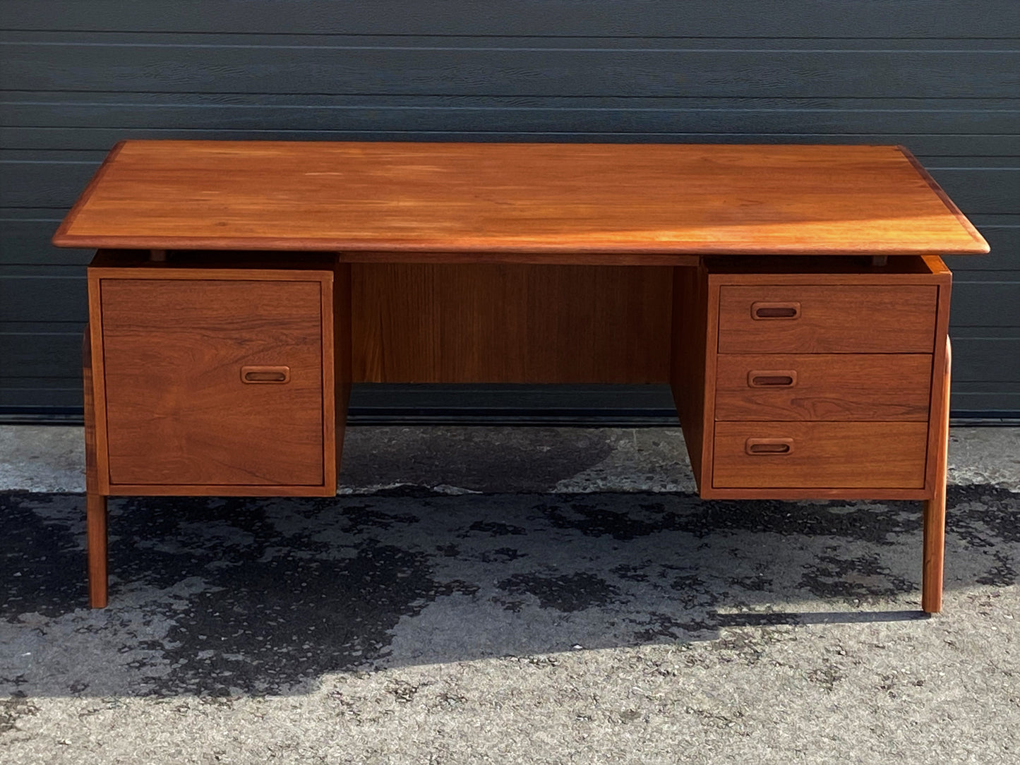 REFINISHED Danish MCM Executive Teak Desk with Floating Top and Finished Back