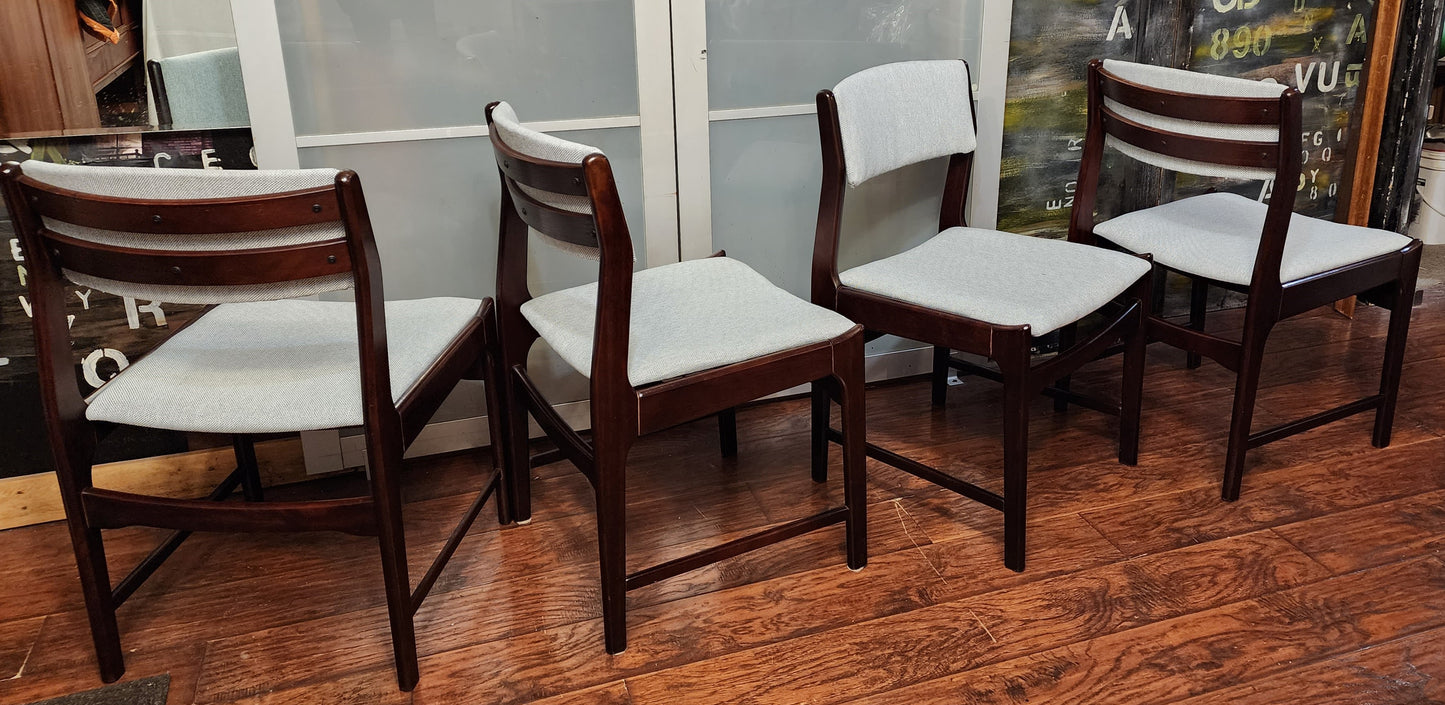 4 REUPHOLSTERED Mid Century Modern Dining Chairs in Maharam l.grey fabric, very comfortable