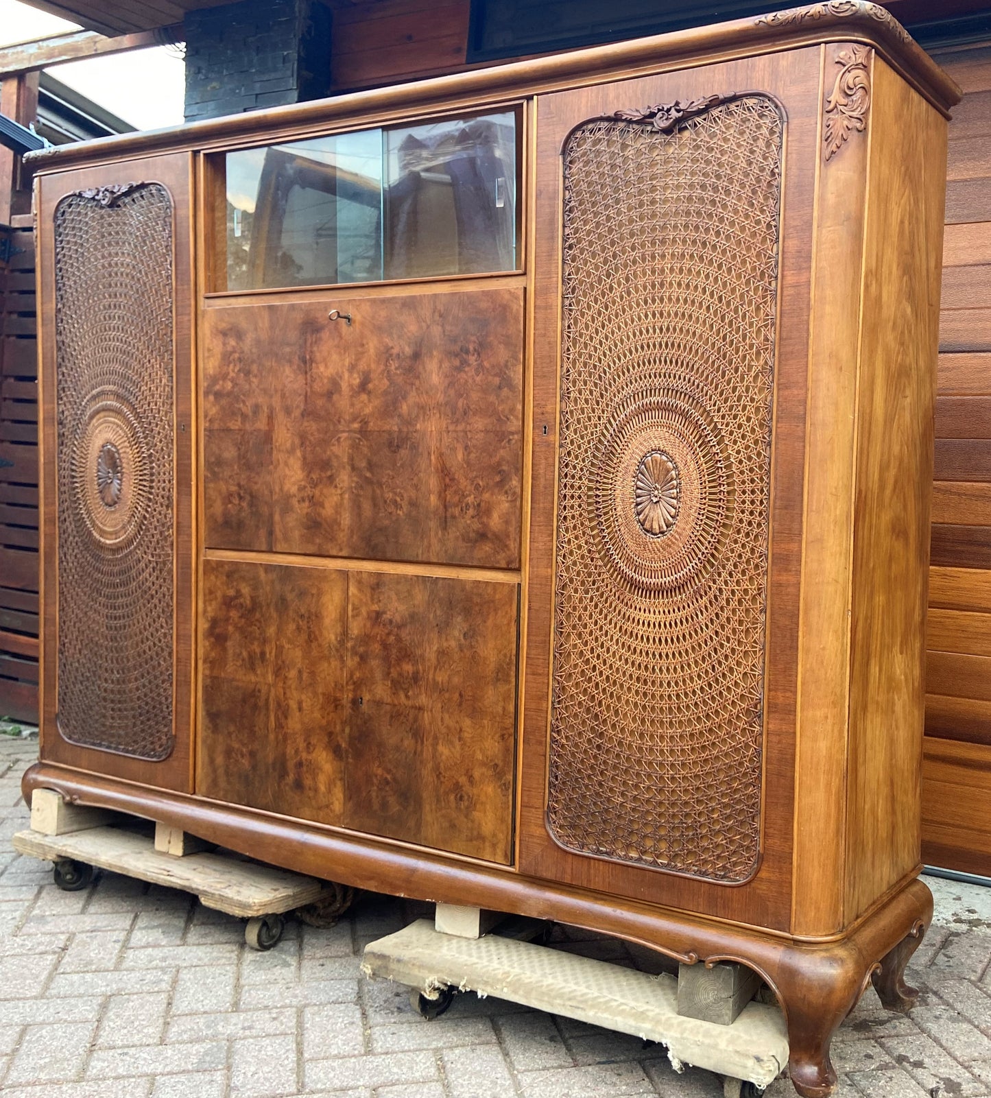 RESTORED Stunning Burr Walnut Armoire Wardrobe Secretary Desk