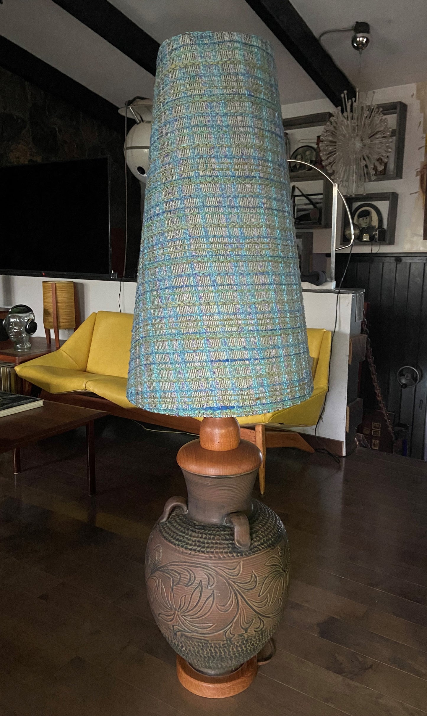 Large Mid Century Modern Floor Pottery Lamp, H 60" (including shade)