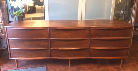REFINISHED MCM Walnut Dresser Wavy Front 80" - Mid Century Modern Toronto