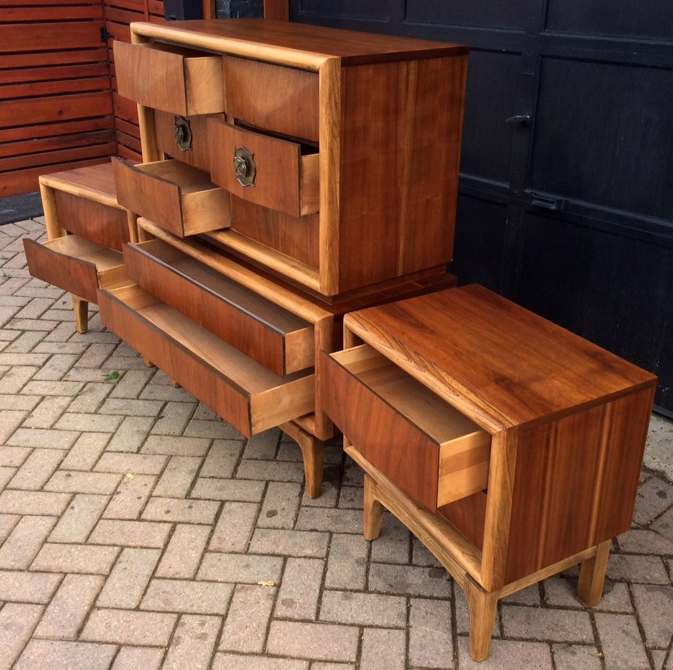 REFINISHED Sculptural Mid Century Modern Walnut Bedroom Set Vladimir Kagan style: 9 Drawer Dresser,Tallboy and 2 Nightstands - Mid Century Modern Toronto