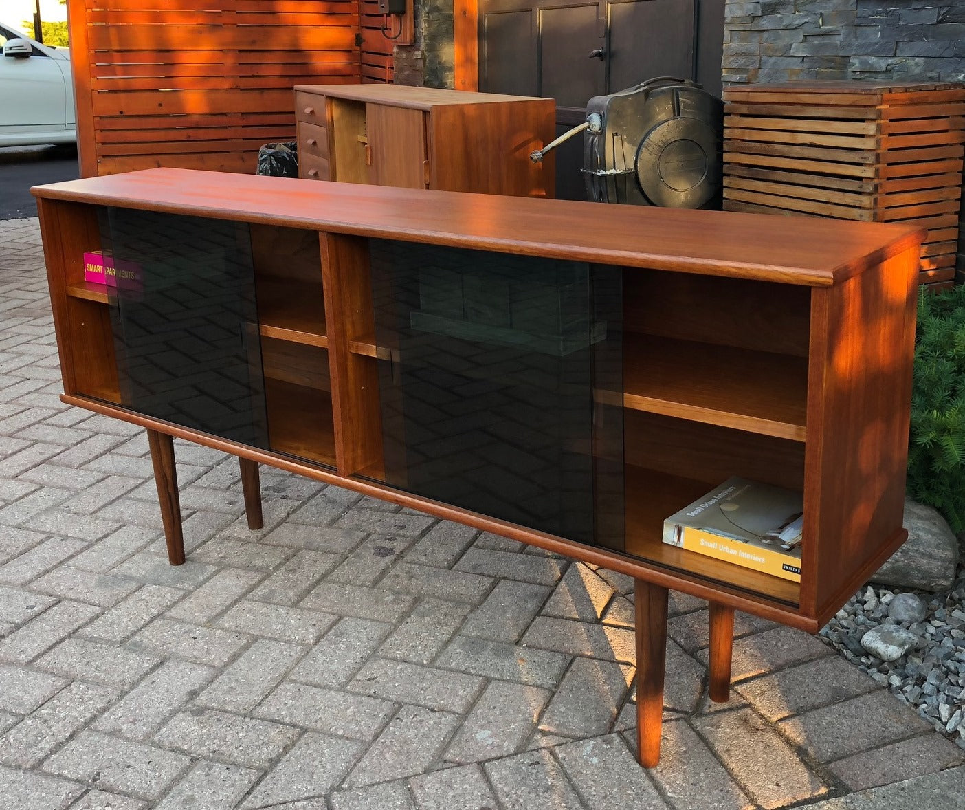 REFINISHED Danish MCM  Teak Display China Console 62.5"w tinted glass doors - Mid Century Modern Toronto