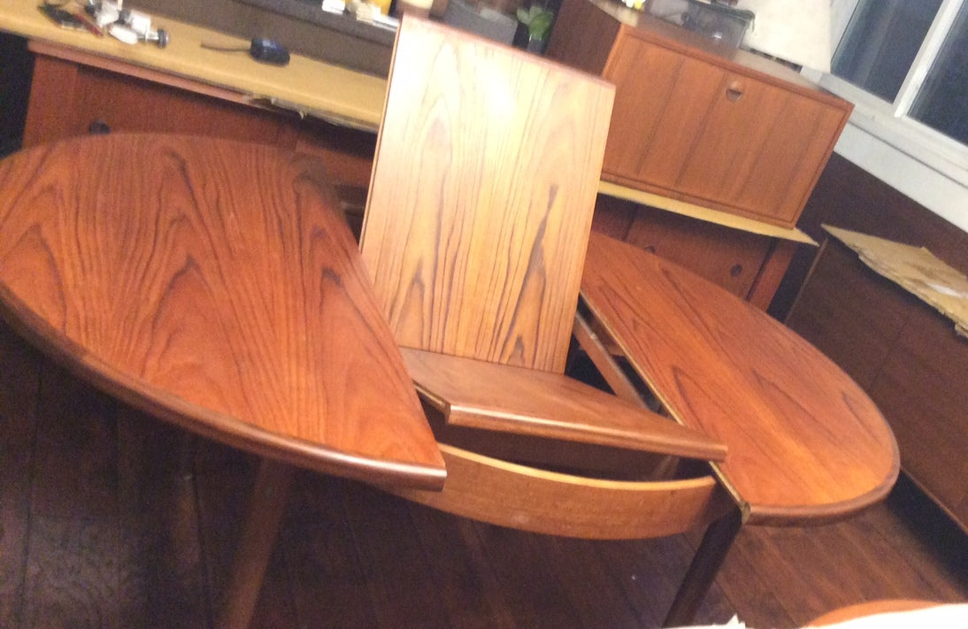 REFINISHED MCM Teak Dining Table Round to Oval Self Storing made by G PLAN in England - Mid Century Modern Toronto