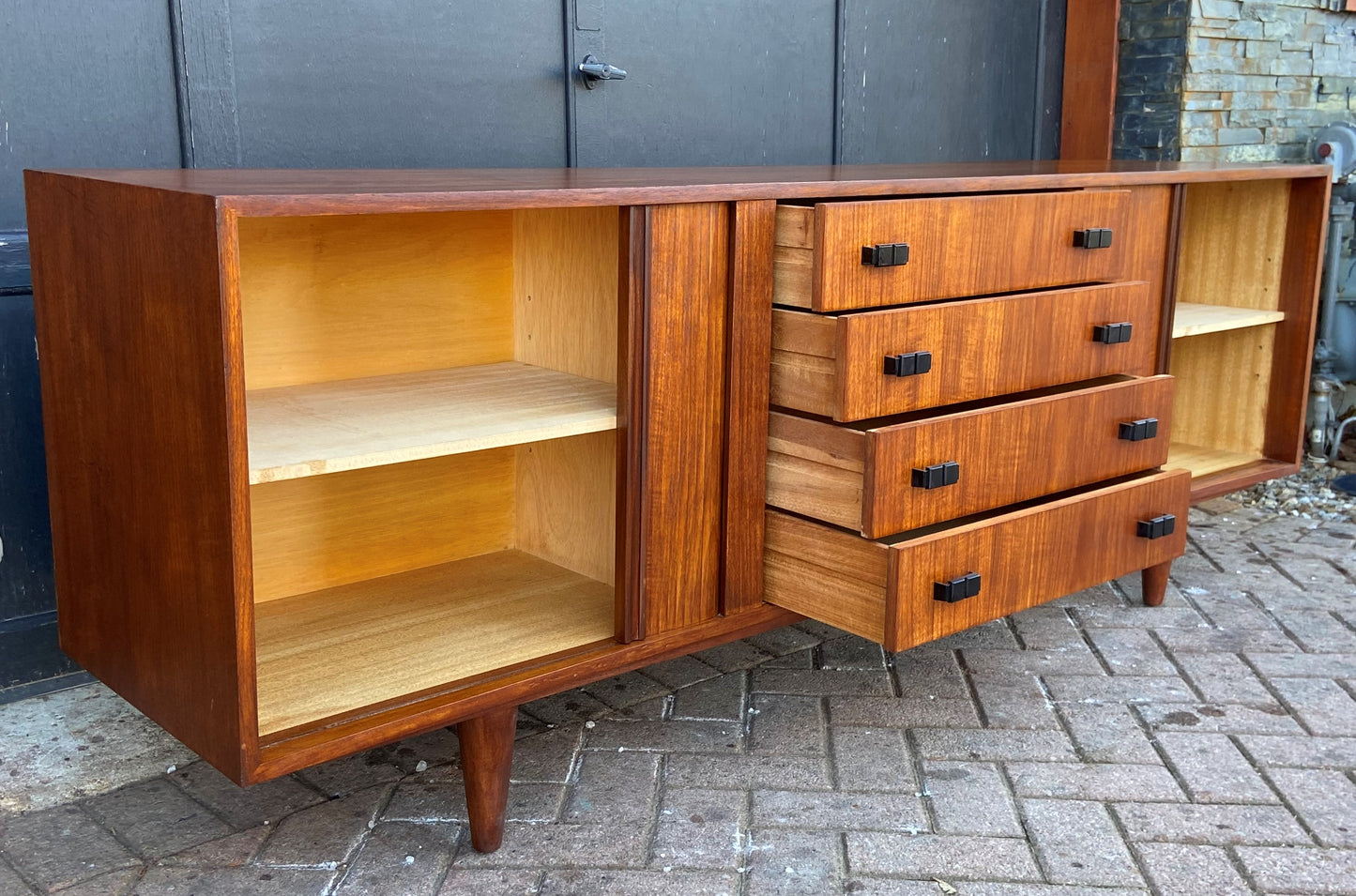 REFINISHED MCM Teak Sideboard with tambour doors by RS Associates 78"