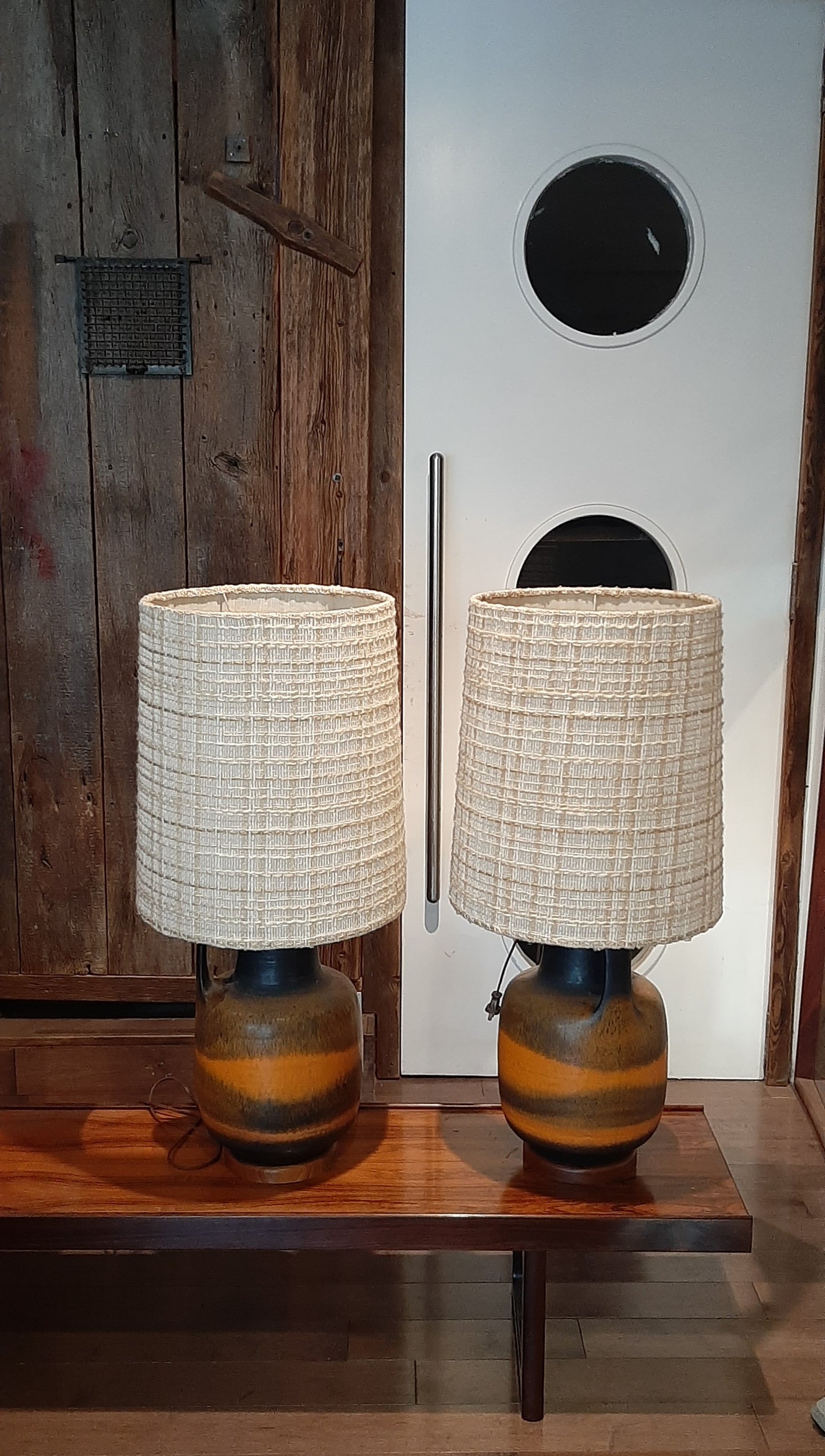Set of 2 Large Mid Century Modern Orange Pottery Lamps, H 34" (including shades)