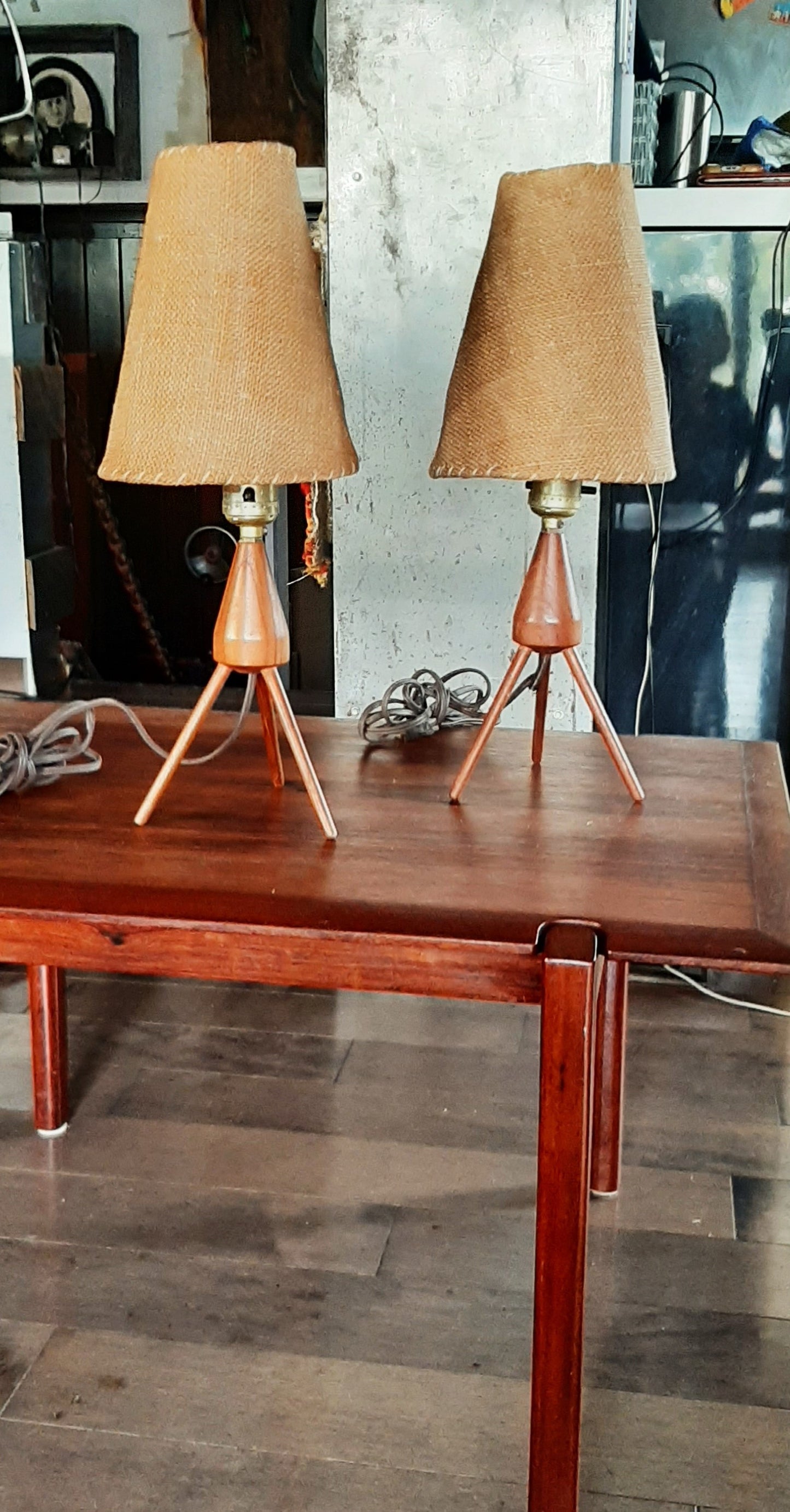 Set of 2 Mid Century Modern Atomic Sputnic Teak Bedside Lamps