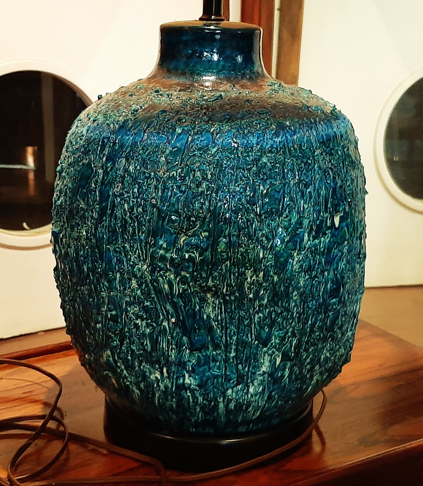 Large Mid Century Modern Turqoise Glazed Pottery Lamp, H 34" (including shade)