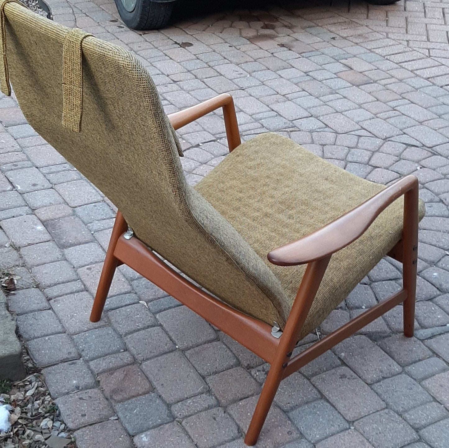 Will be REFINISHED & REUPHOLSTERED Danish MCM Teak Lounge Chair Recliner by Arne Vodder and Anton Borg