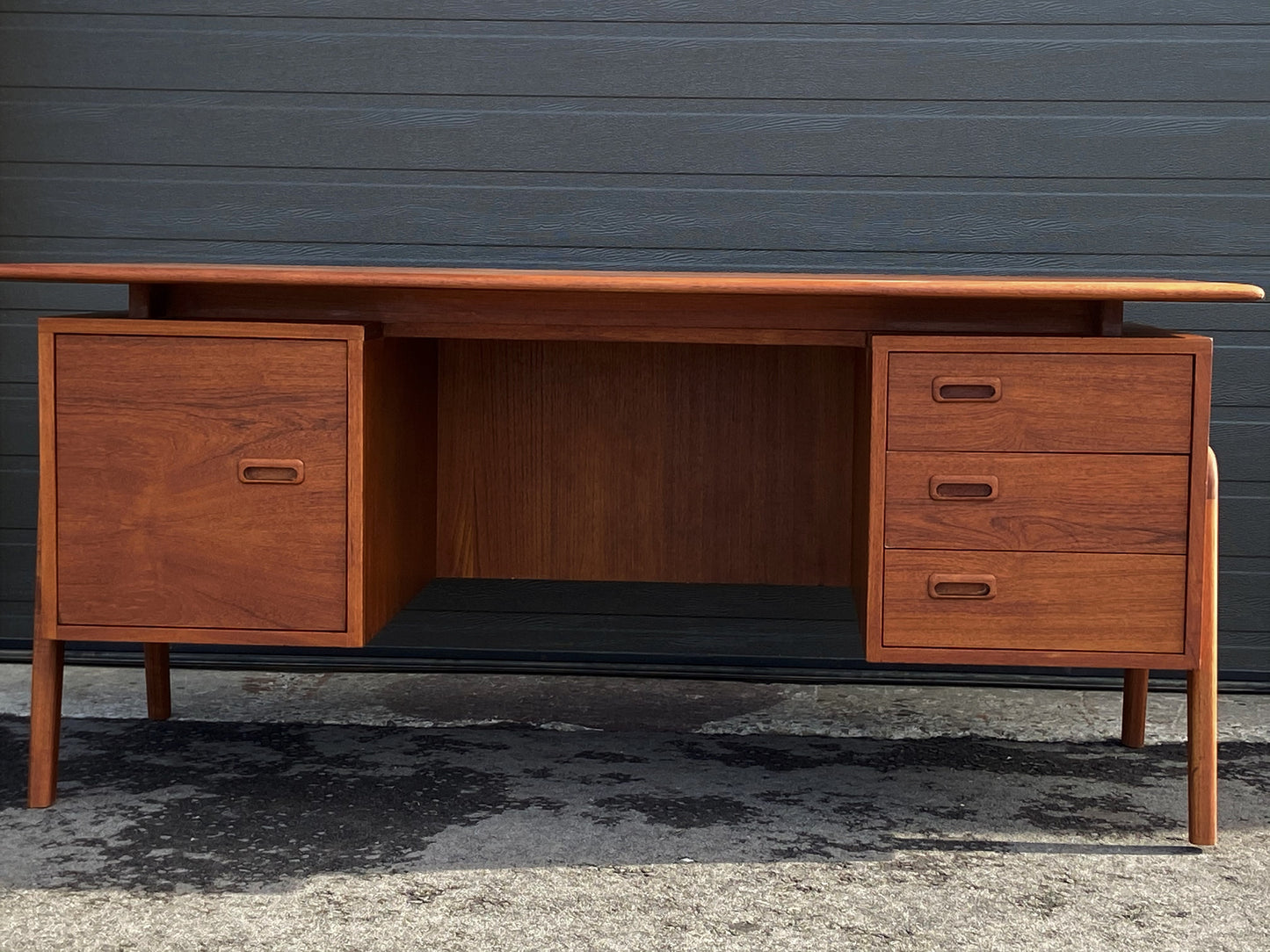 REFINISHED Danish MCM Executive Teak Desk with Floating Top and Finished Back