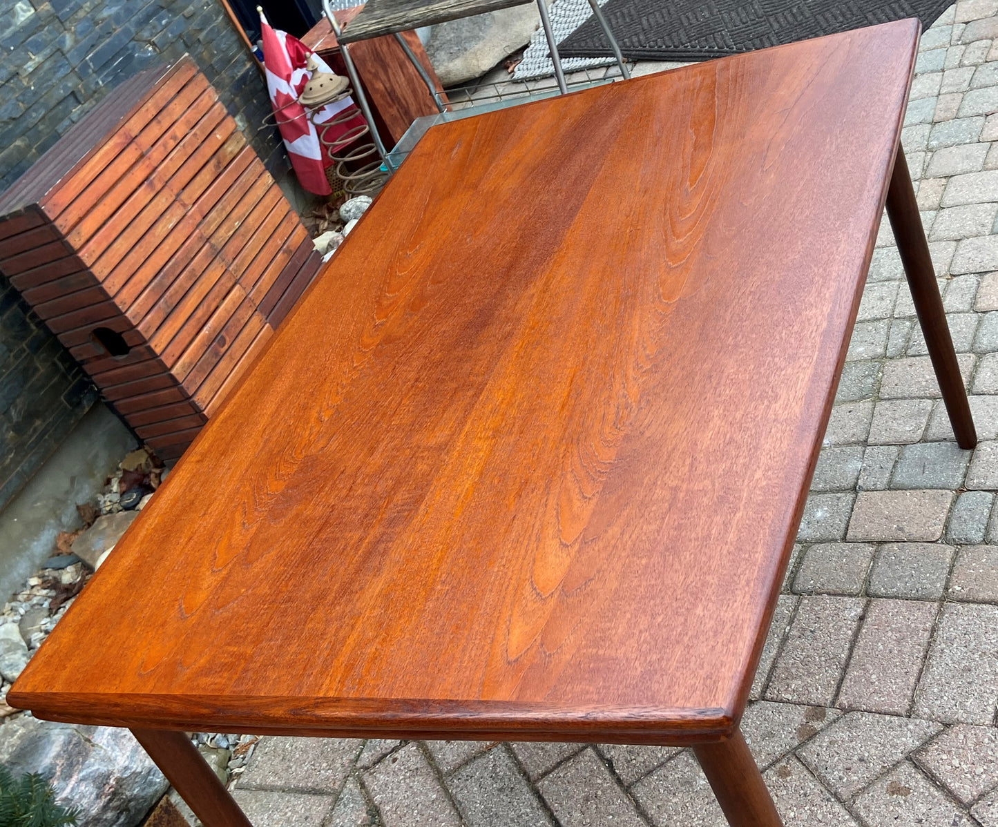 REFINISHED Danish MCM Teak Draw Leaf Table Surfboard shape, PERFECT, 48.5" - 84.5"