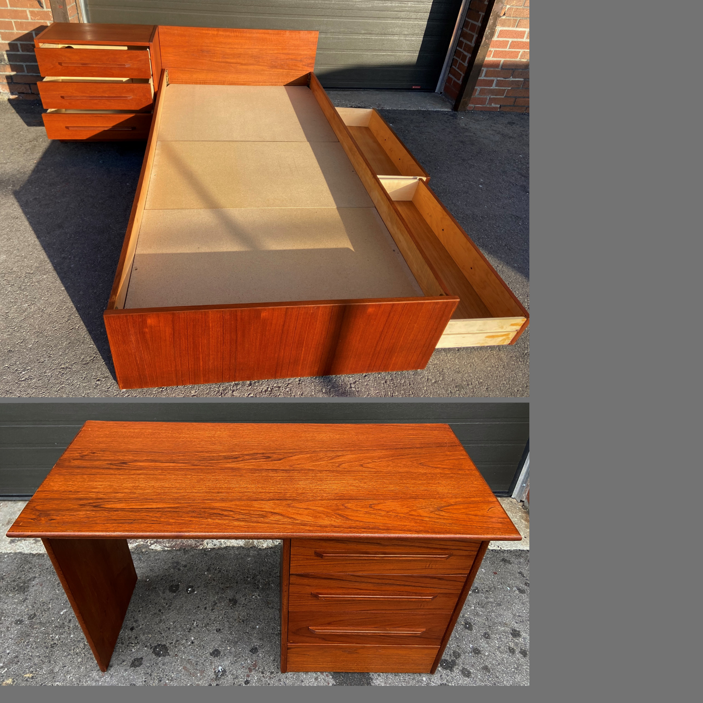 REFINISHED MCM Teak Bed Single XL w 2 Drawers & Nightstand. Matching Desk available