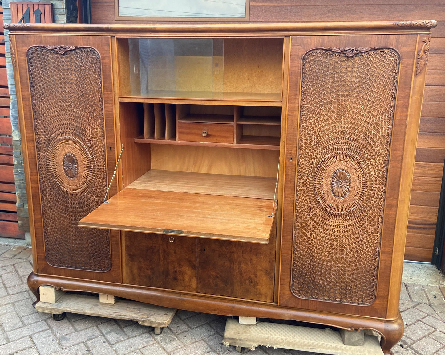 RESTORED Stunning Burr Walnut Armoire Wardrobe Secretary Desk