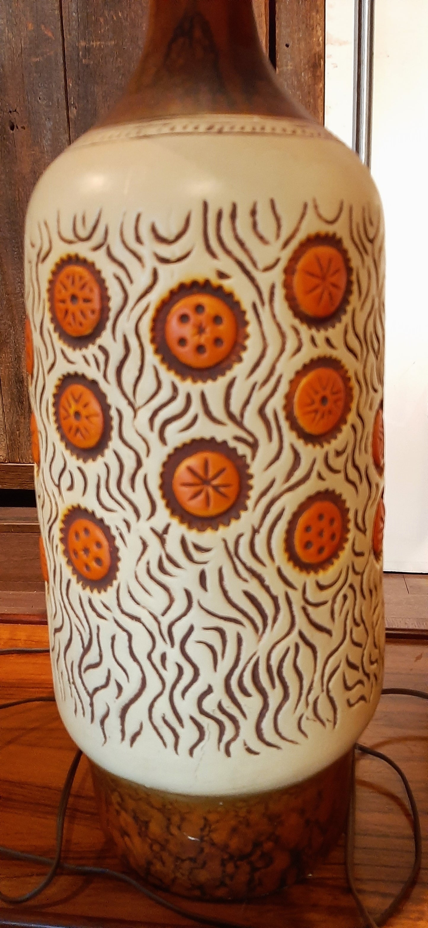 Large Mid Century Modern Orange Pottery Lamp, H 42" (including shade)