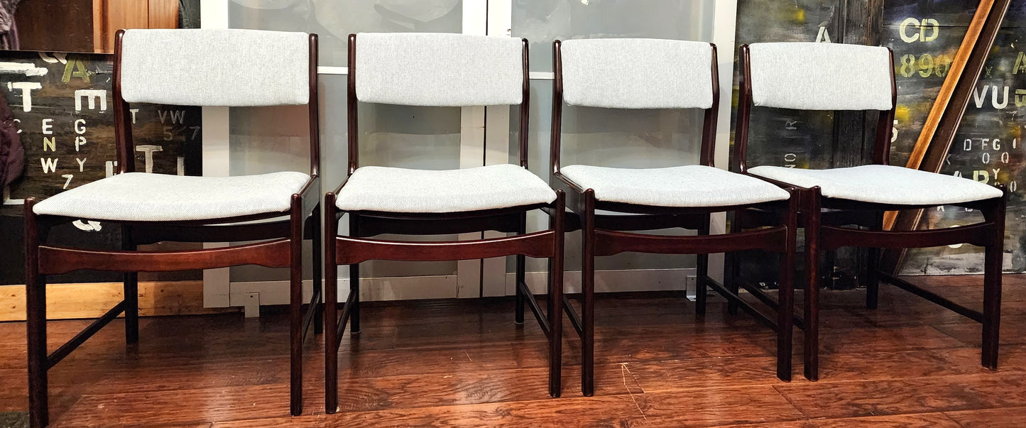 4 REUPHOLSTERED Mid Century Modern Dining Chairs in Maharam l.grey fabric, very comfortable