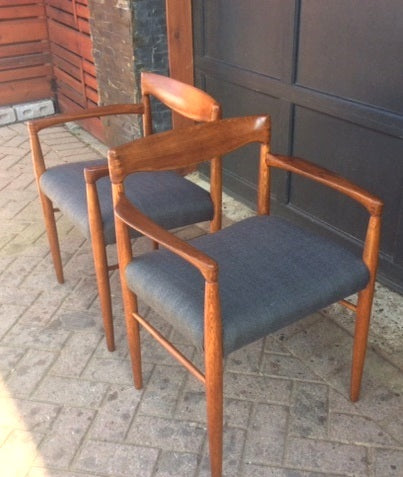 A Pair of REFINISHED REUPHOLSTERED Danish MCM  Teak Carver Armchairs by H.W. Klein for Bramin Møbler, each $349 - Mid Century Modern Toronto