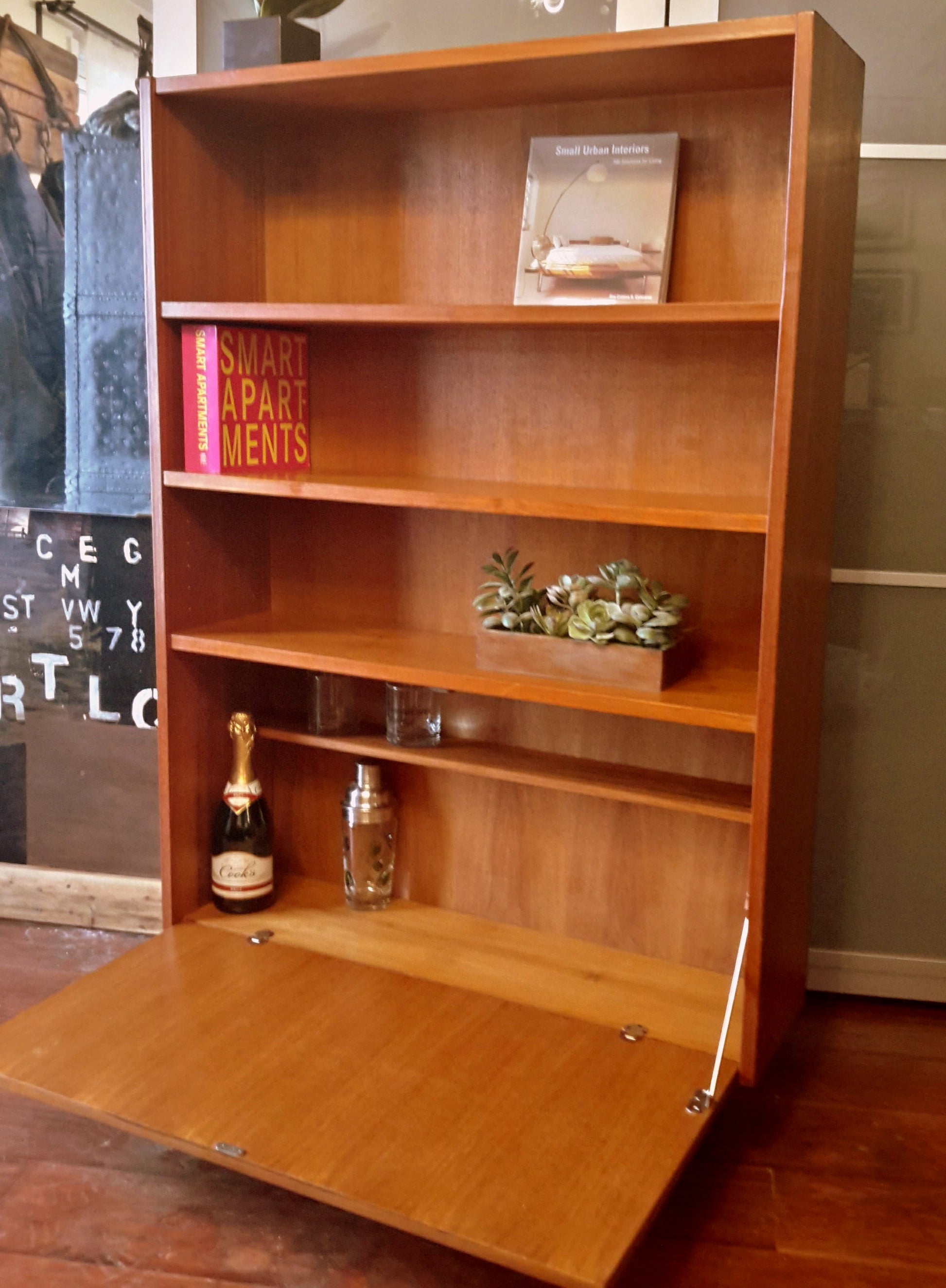 REFINISHED Teak MCM Danish Display Bookcase Bar Narrow 35.5" - Mid Century Modern Toronto