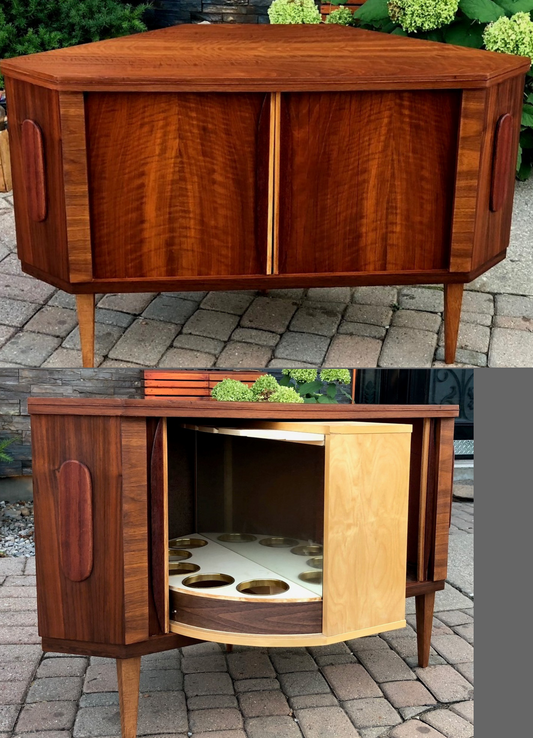 REFINISHED Danish MCM  Teak Bar w Tambour Doors, perfect - Mid Century Modern Toronto