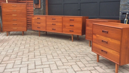 REFINISHED Mid Century Modern Teak Dresser 9 drawers, Tallboy 6 drawers, 2 Night Stands - Mid Century Modern Toronto
