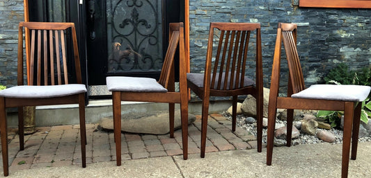 4 REUPHOLSTERED MCM Walnut Chairs, grey velvet, each $125 - Mid Century Modern Toronto
