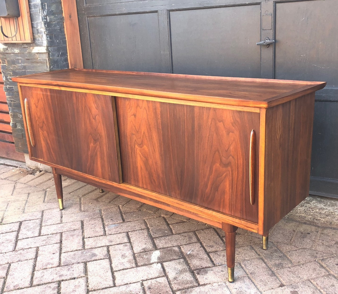 REFINISHED MCM Walnut Credenza w 2 Sliding Doors 62" - Mid Century Modern Toronto