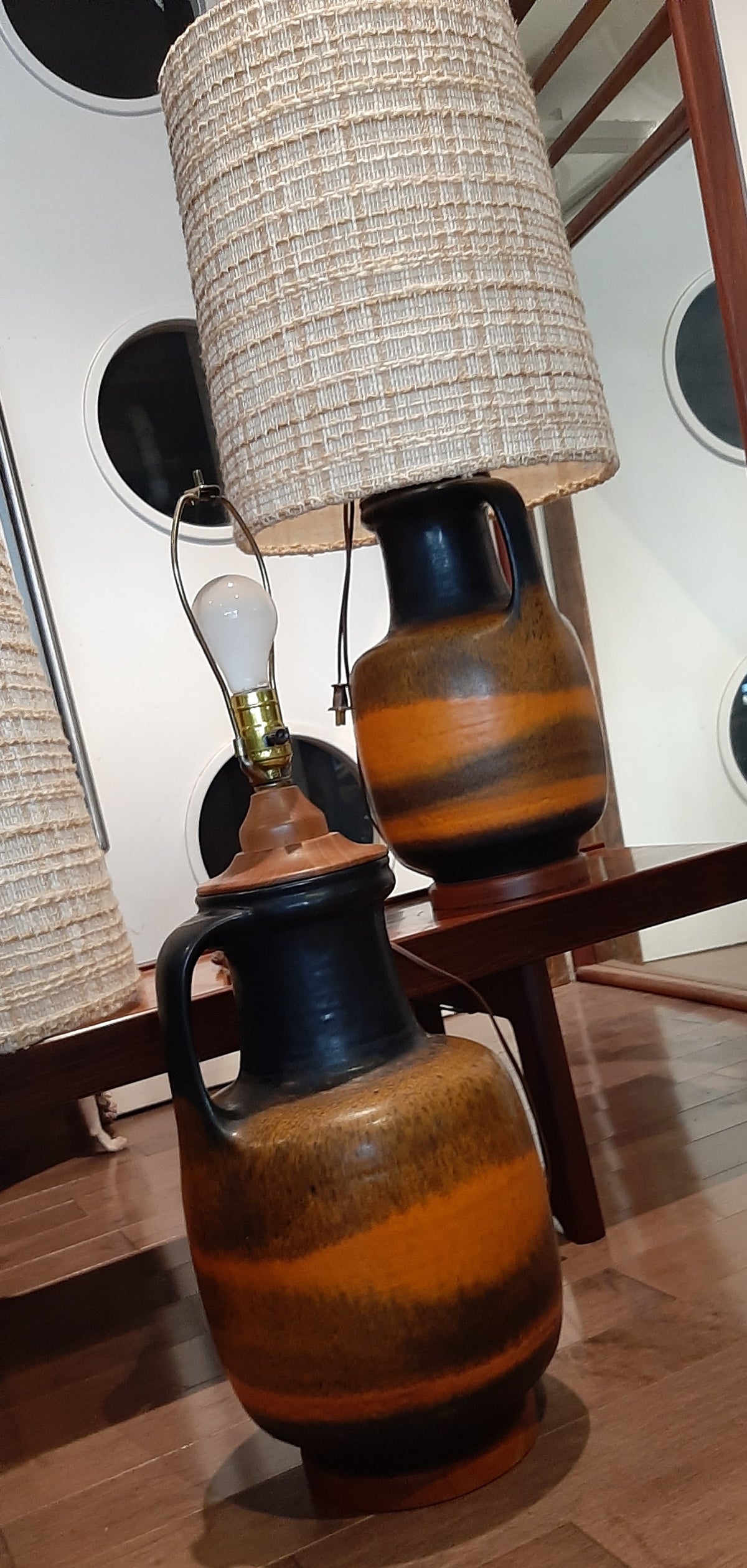 Set of 2 Large Mid Century Modern Orange Pottery Lamps, H 34