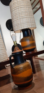 Set of 2 Large Mid Century Modern Orange Pottery Lamps, H 34