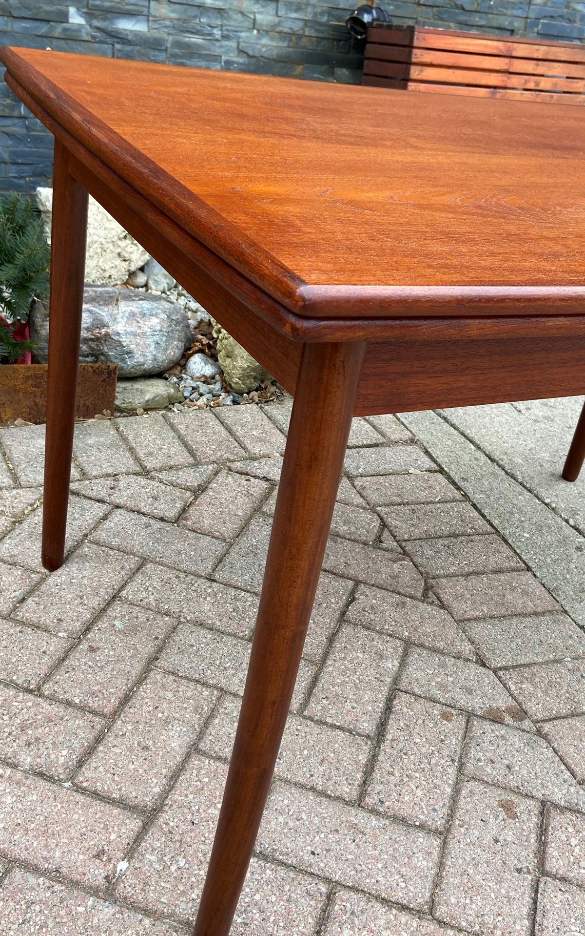 REFINISHED Danish MCM Teak Draw Leaf Table Surfboard shape, PERFECT, 48.5
