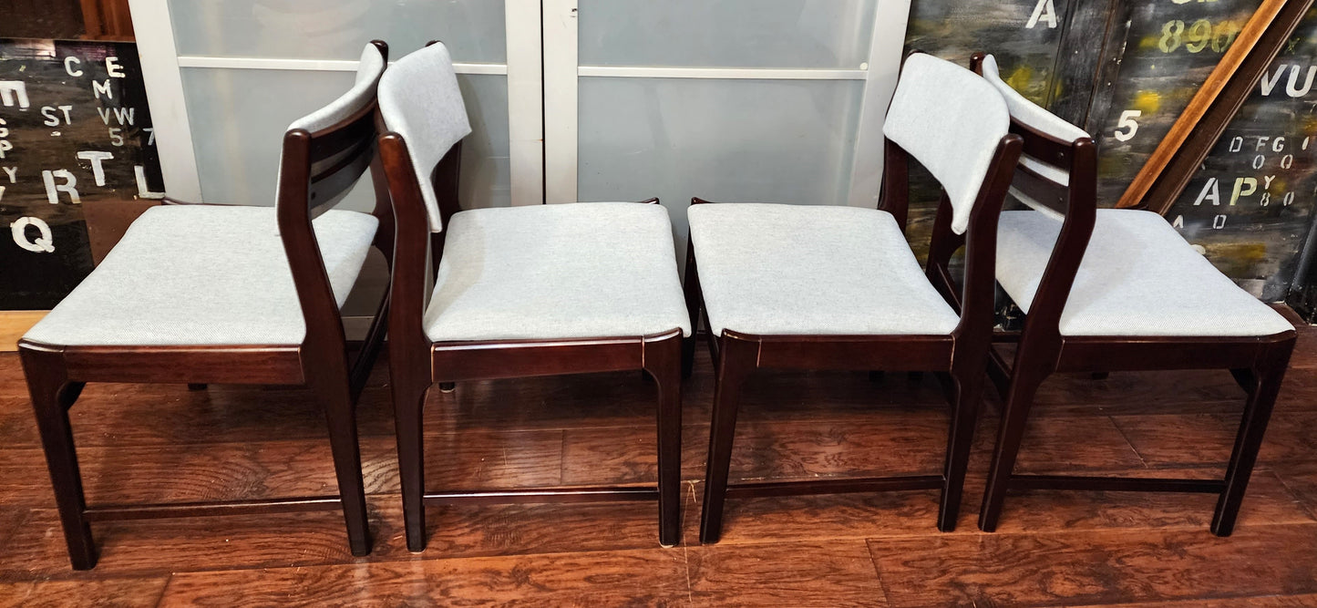 4 REUPHOLSTERED Mid Century Modern Dining Chairs in Maharam l.grey fabric, very comfortable