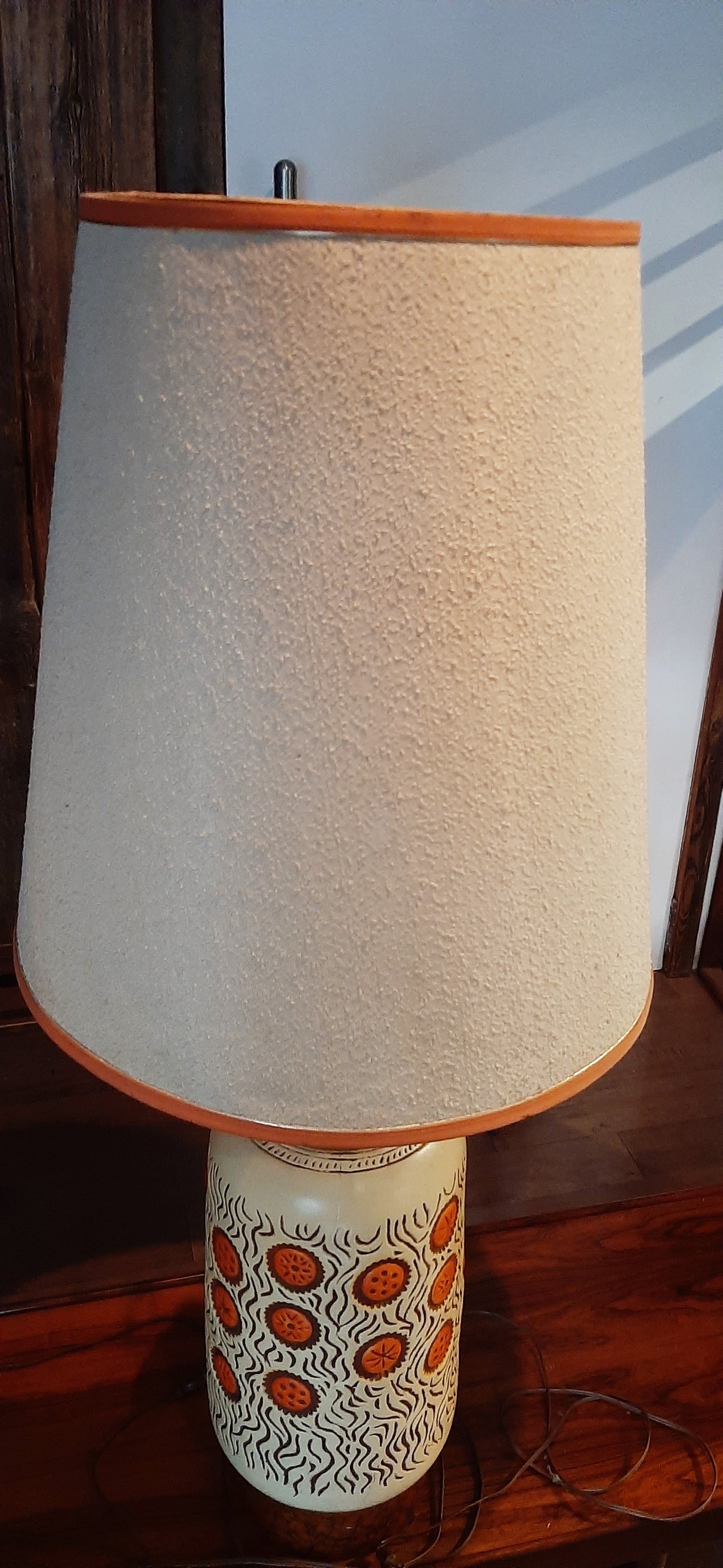 Large Mid Century Modern Orange Pottery Lamp, H 42" (including shade)